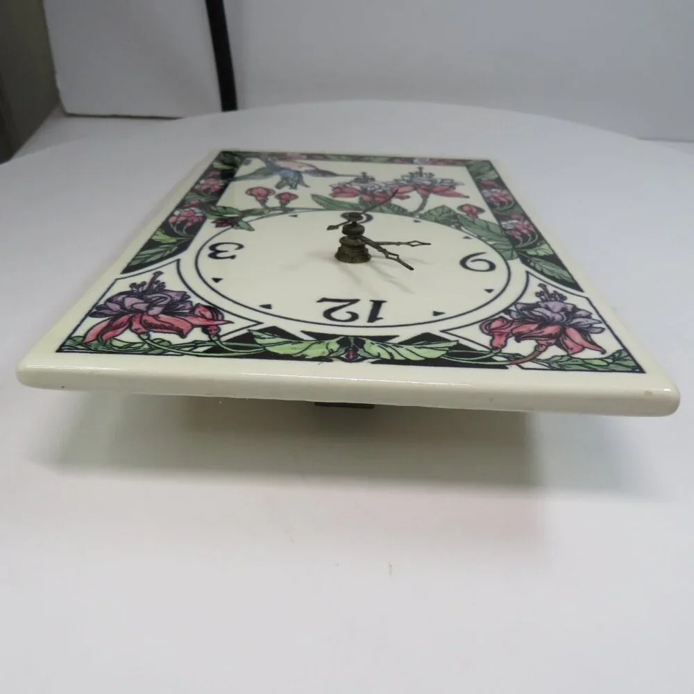 Hummingbird & Fuchsia Glazed Ceramic Tile Clock WORKS, Heavy